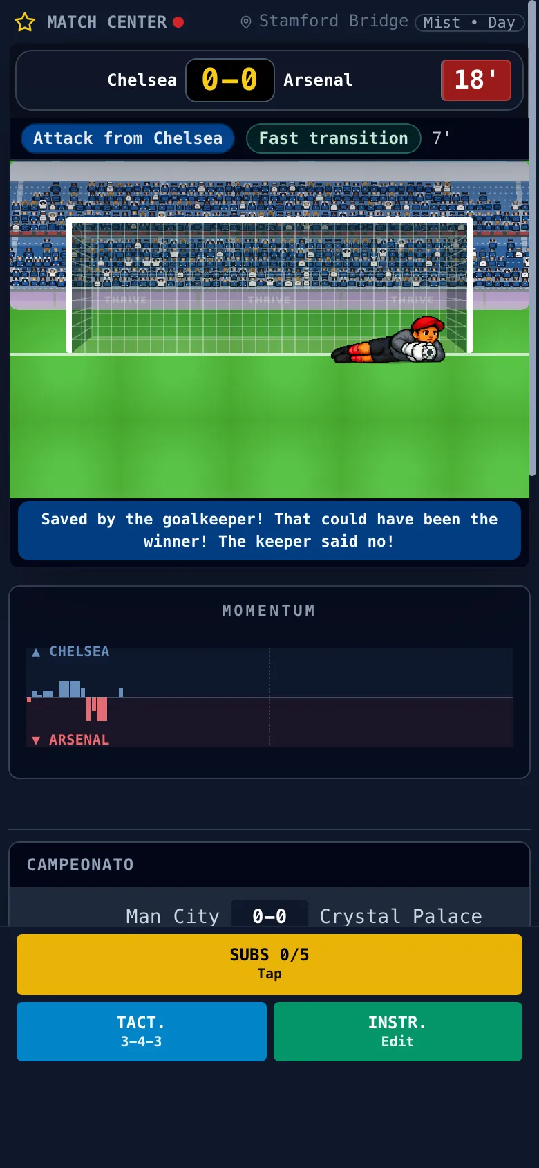 Goal view: the keeper dives for a shot