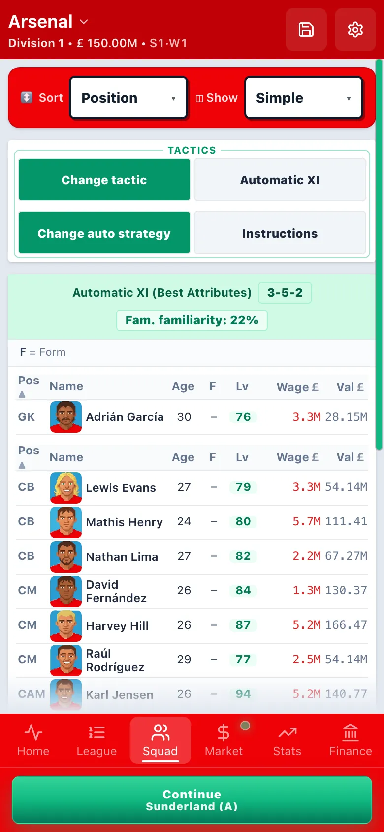 Squad, tactic and starting XI